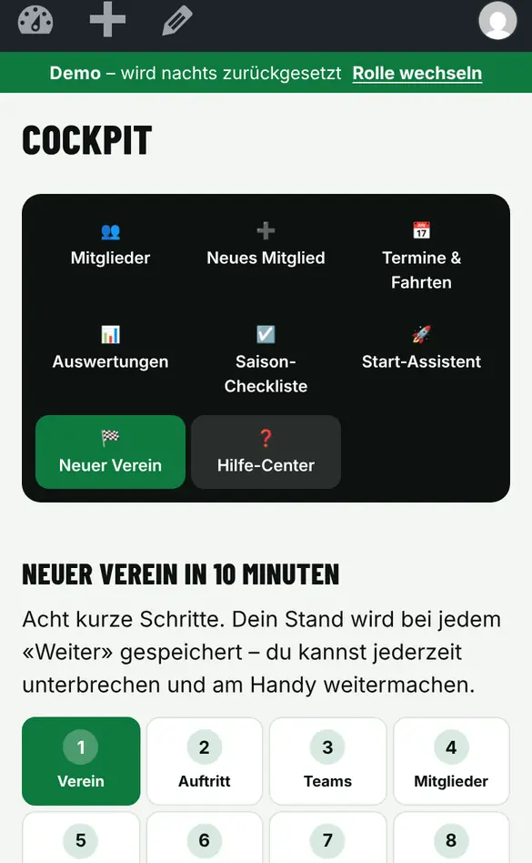 Bildschirm «Verein in 10 Minuten einrichten» im Demo-Verein FC Muster (Handy)