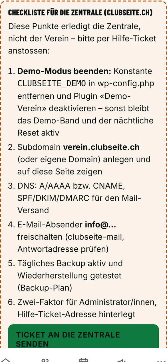 Bildschirm «Sicherung (Backup)» im Demo-Verein FC Muster (Handy)