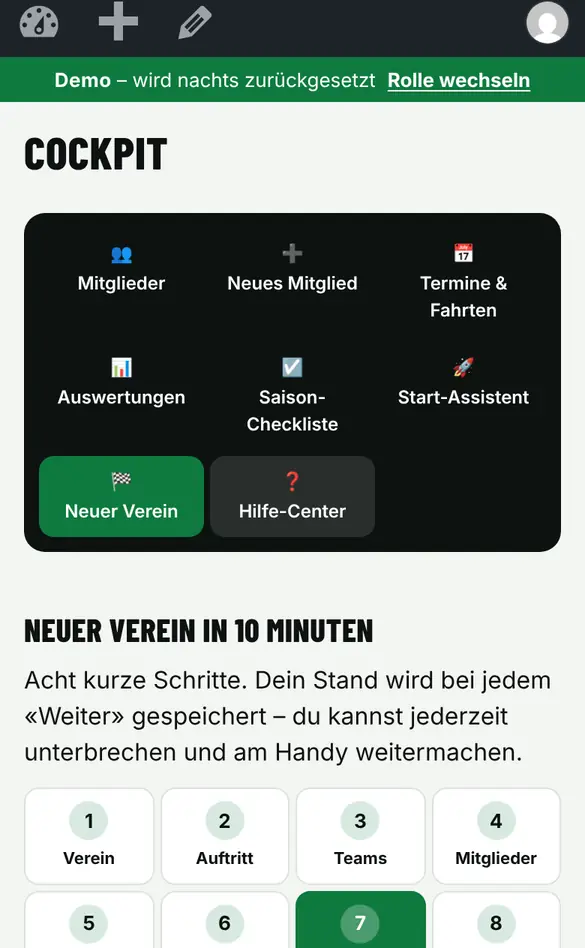 Bildschirm «Bereiche im Assistenten wählen» im Demo-Verein FC Muster (Handy)