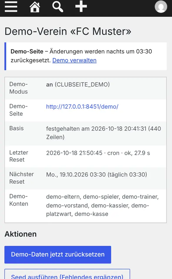 Bildschirm «Demo-Verein verwalten» im Demo-Verein FC Muster (Handy)