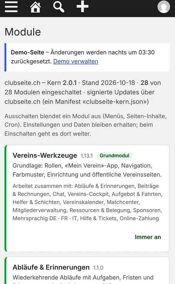 Bildschirm «Module ein- und ausschalten» im Demo-Verein FC Muster (Handy)