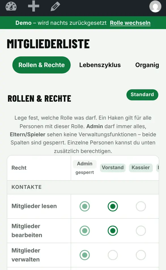 Bildschirm «Rollen und Rechte» im Demo-Verein FC Muster (Handy)