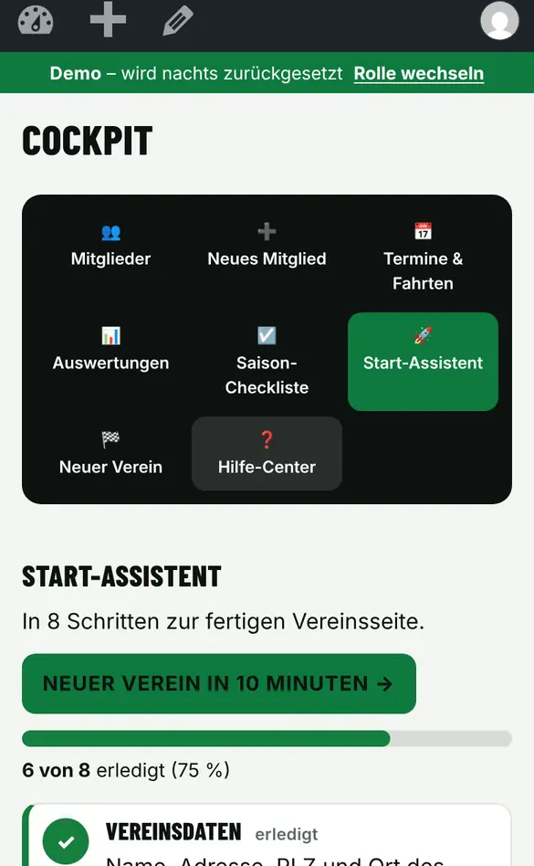 Bildschirm «Start-Assistent abhaken» im Demo-Verein FC Muster (Handy)