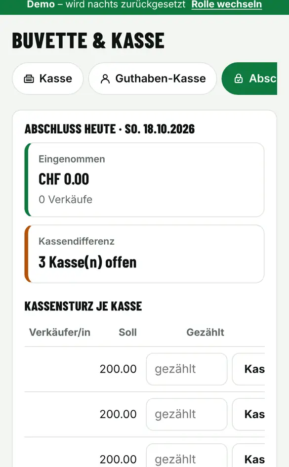 Bildschirm «Kasse abschliessen» im Demo-Verein FC Muster (Handy)