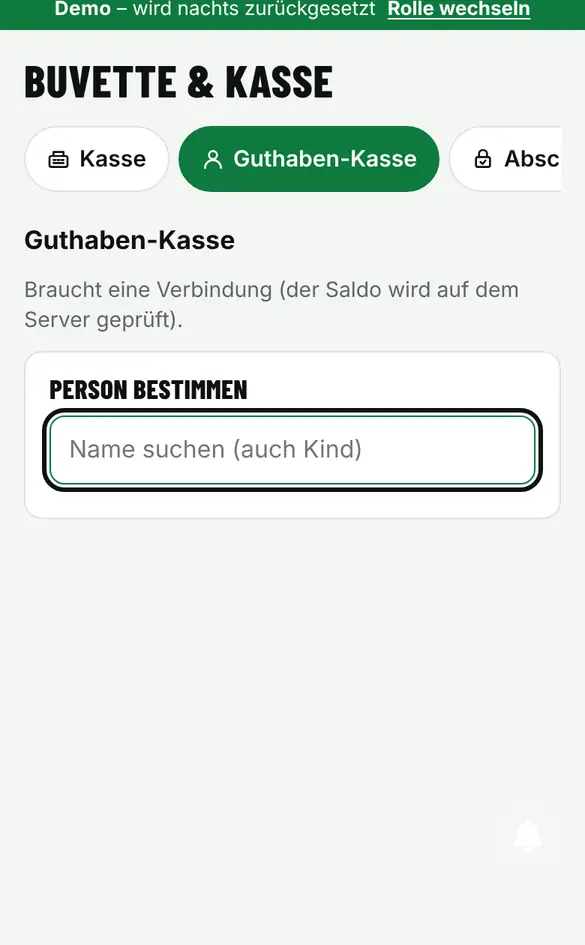 Bildschirm «Mit Guthaben bezahlen» im Demo-Verein FC Muster (Handy)