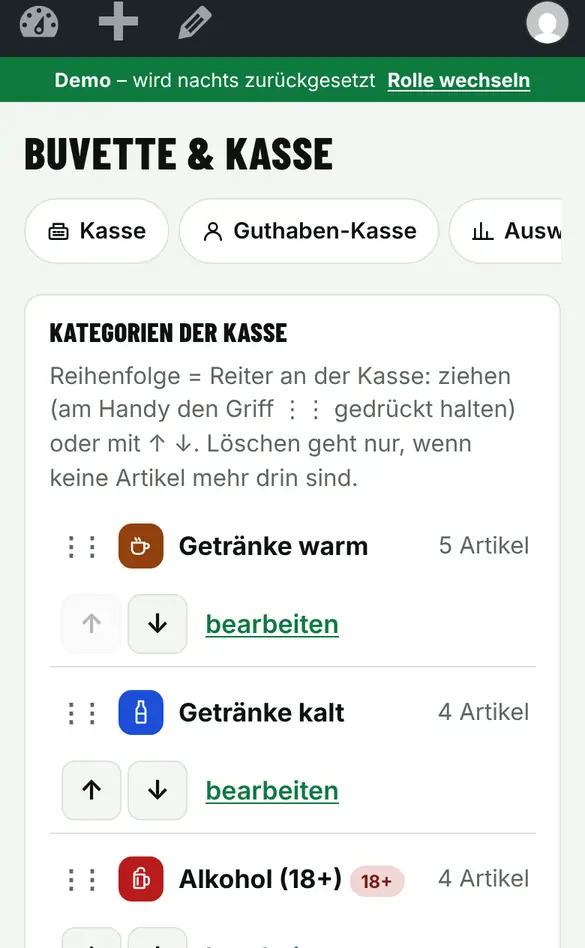 Bildschirm «Artikel und Kategorien (Vorstand/Admin)» im Demo-Verein FC Muster (Handy)