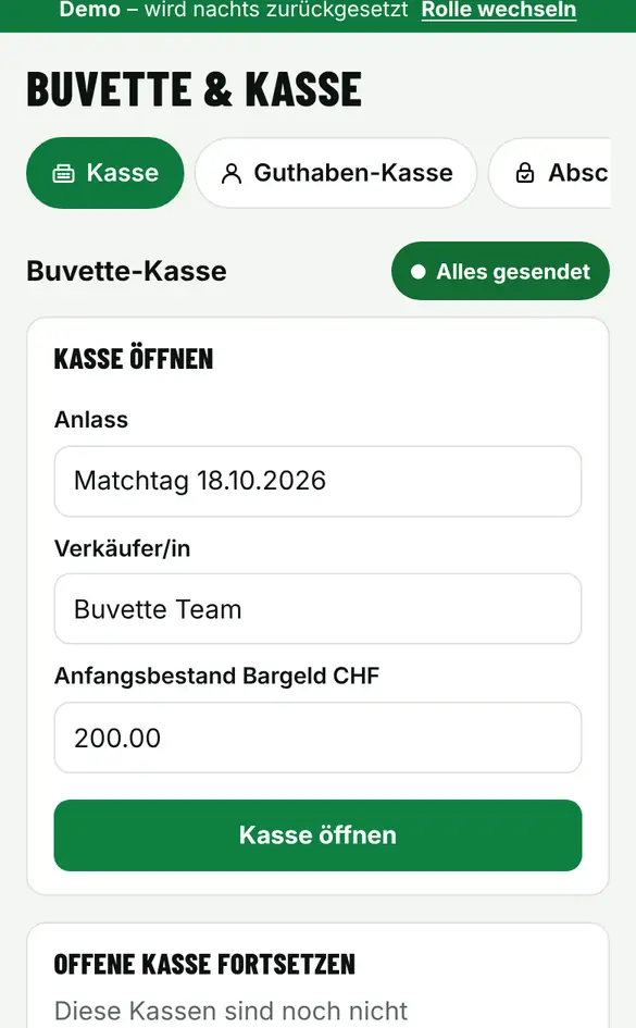 Bildschirm «Kasse öffnen» im Demo-Verein FC Muster (Handy)