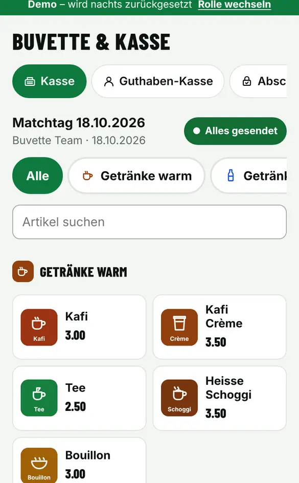 Bildschirm «Verkaufen» im Demo-Verein FC Muster (Handy)