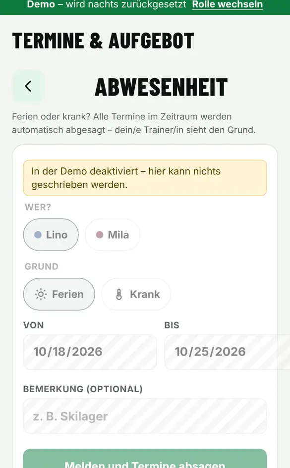 Bildschirm «Ferien oder Krankheit melden» im Demo-Verein FC Muster (Handy)