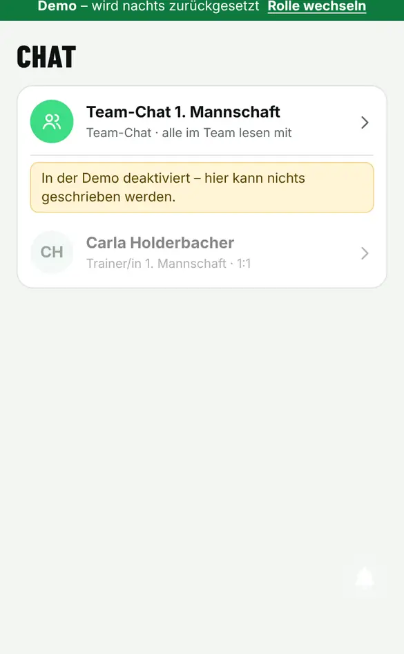 Bildschirm «Im Team-Chat schreiben» im Demo-Verein FC Muster (Handy)