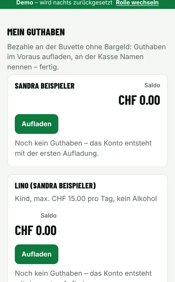 Bildschirm «Buvette-Guthaben ansehen und aufladen» im Demo-Verein FC Muster (Handy)