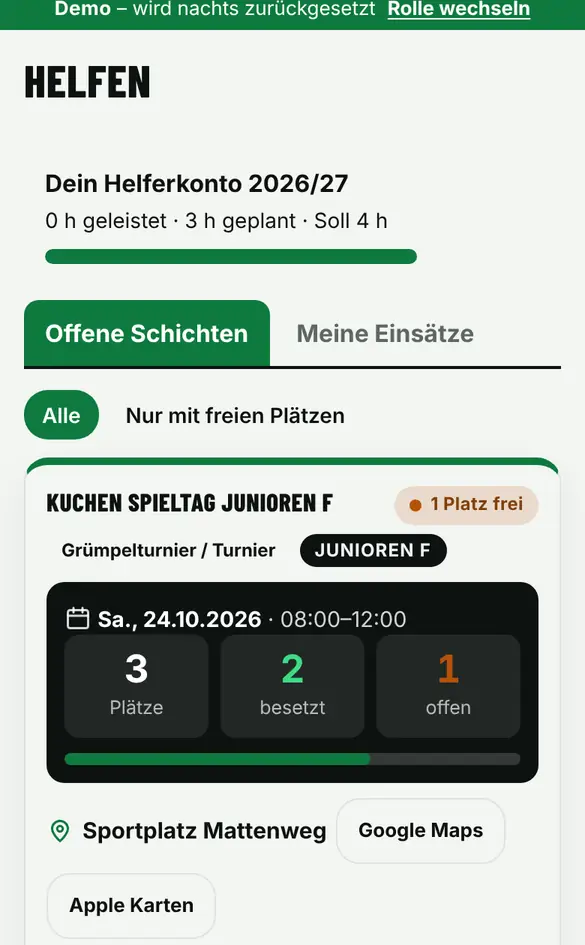 Bildschirm «Helfereinsatz übernehmen» im Demo-Verein FC Muster (Handy)