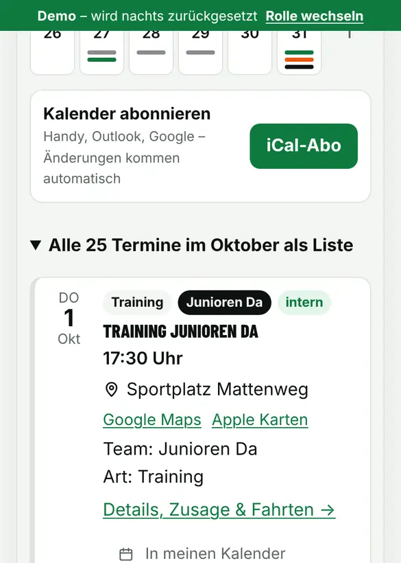 Bildschirm «Kalender aufs Handy holen» im Demo-Verein FC Muster (Handy)