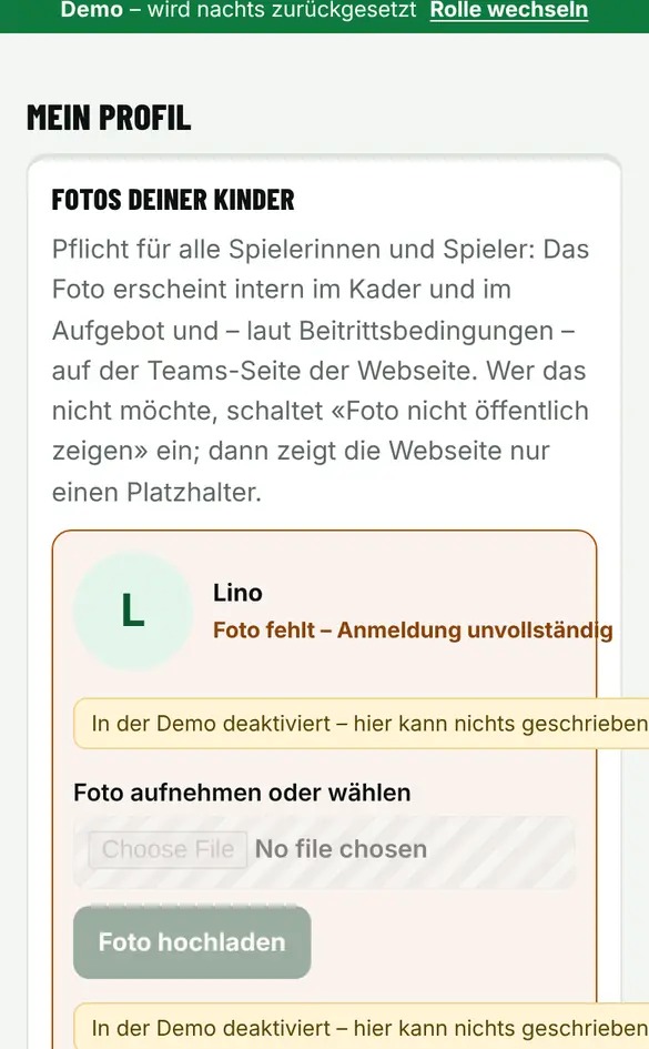 Bildschirm «Adresse und Foto-Einwilligungen pflegen» im Demo-Verein FC Muster (Handy)