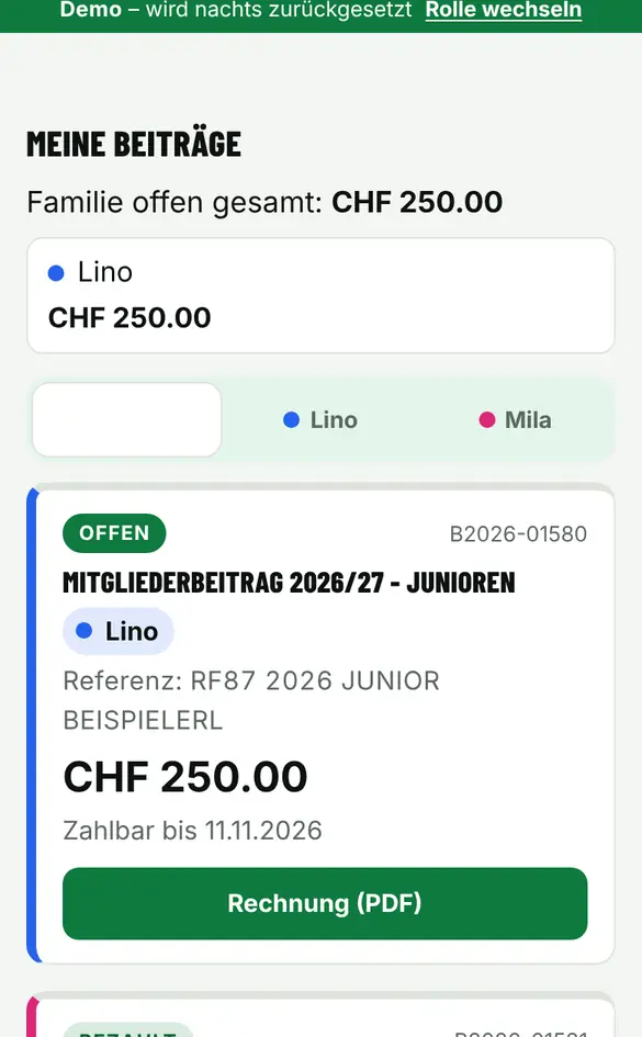 Bildschirm «Mitgliederbeitrag bezahlen» im Demo-Verein FC Muster (Handy)