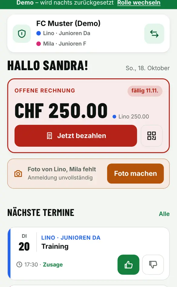 Bildschirm «Deine Startseite «Mein Verein»» im Demo-Verein FC Muster (Handy)