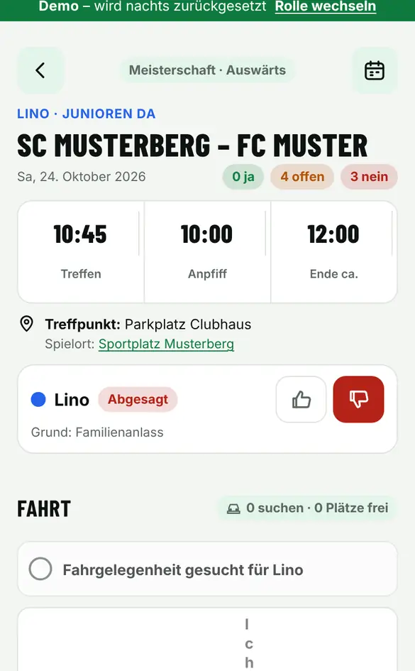 Bildschirm «Termin zu- oder absagen» im Demo-Verein FC Muster (Handy)