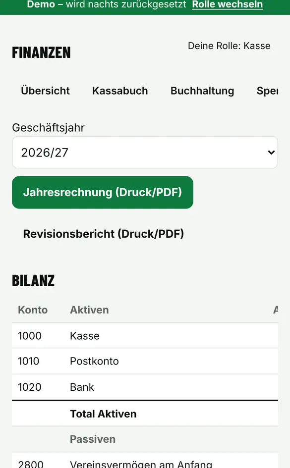 Bildschirm «Jahresabschluss und Export» im Demo-Verein FC Muster (Handy)