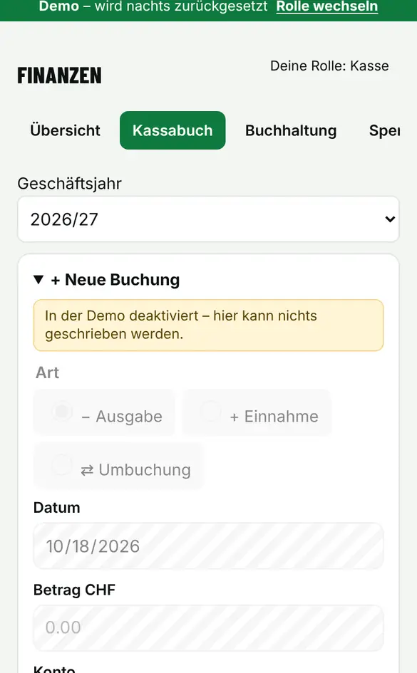 Bildschirm «Buchung im Kassabuch» im Demo-Verein FC Muster (Handy)