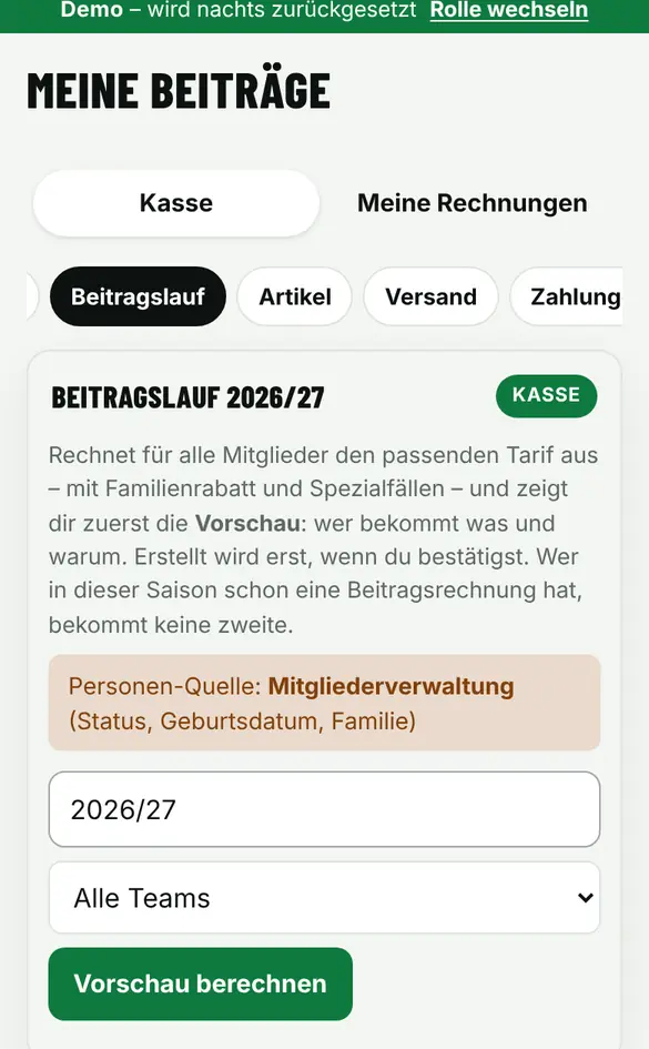 Bildschirm «Beitragslauf für die Saison» im Demo-Verein FC Muster (Handy)