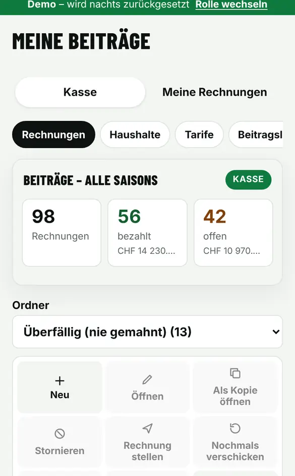 Bildschirm «Mahnlauf» im Demo-Verein FC Muster (Handy)