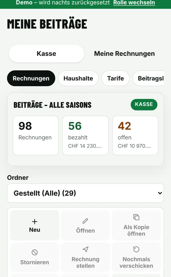 Bildschirm «Rechnungen finden» im Demo-Verein FC Muster (Handy)