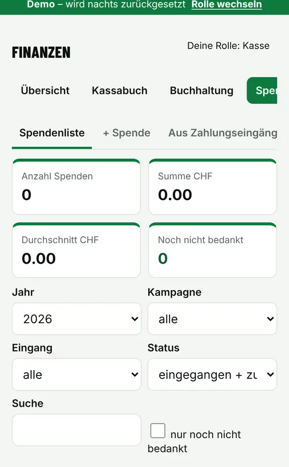 Bildschirm «Spenden und Bescheinigungen» im Demo-Verein FC Muster (Handy)