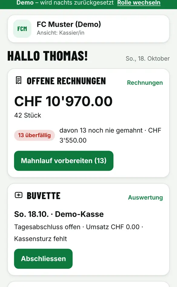 Bildschirm «Deine Startseite» im Demo-Verein FC Muster (Handy)