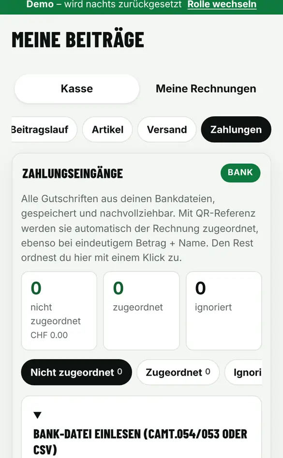 Bildschirm «Zahlungseingänge aus der Bank» im Demo-Verein FC Muster (Handy)