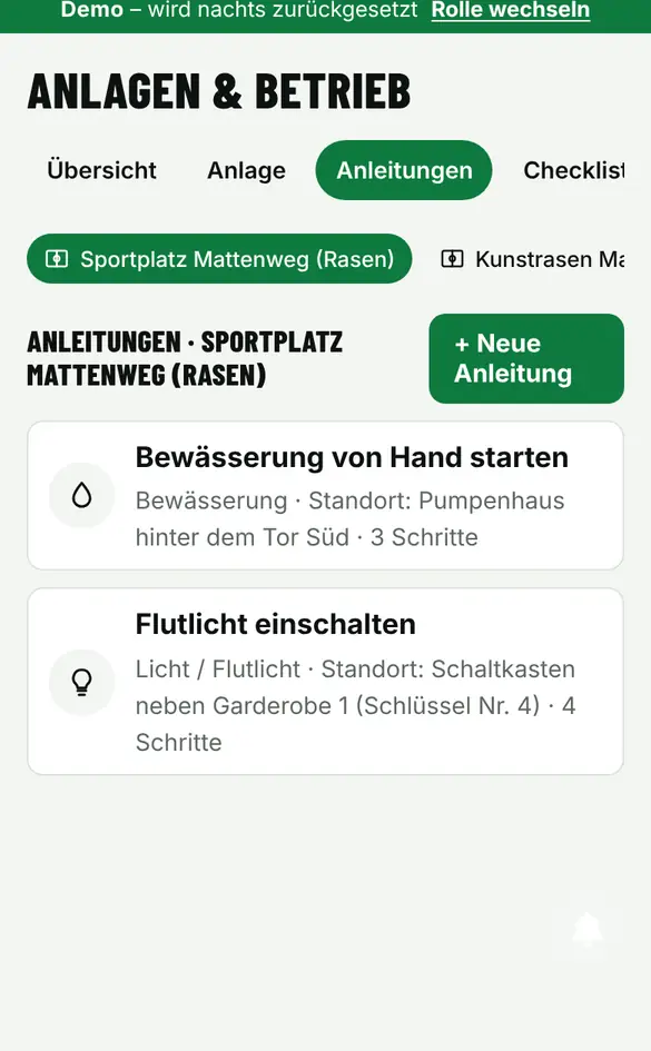 Bildschirm «Bedienungsanleitungen mit Fotos» im Demo-Verein FC Muster (Handy)