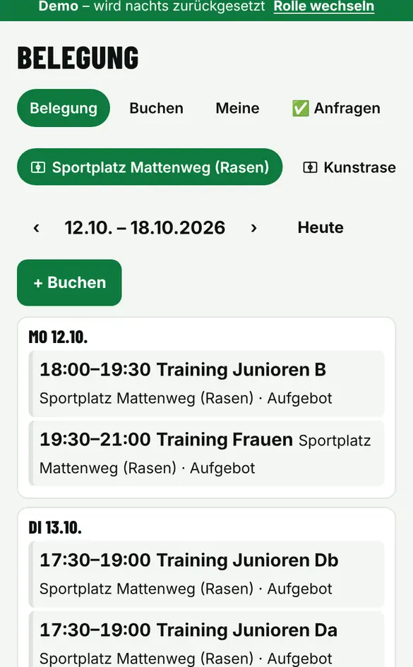 Bildschirm «Belegung ansehen» im Demo-Verein FC Muster (Handy)