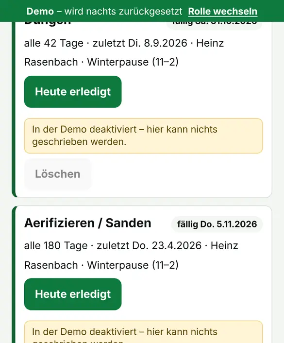 Bildschirm «Bewässerungsplan» im Demo-Verein FC Muster (Handy)