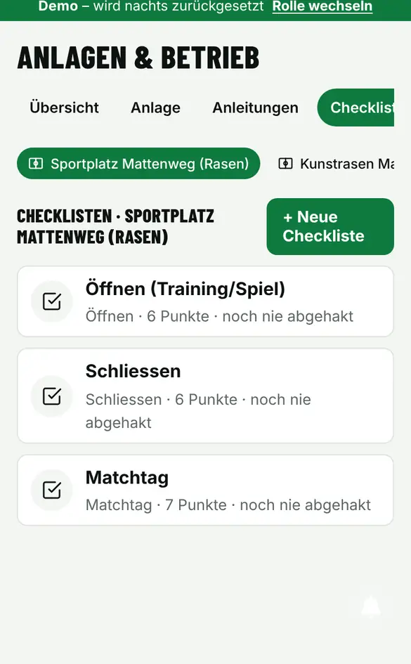 Bildschirm «Checkliste abhaken» im Demo-Verein FC Muster (Handy)