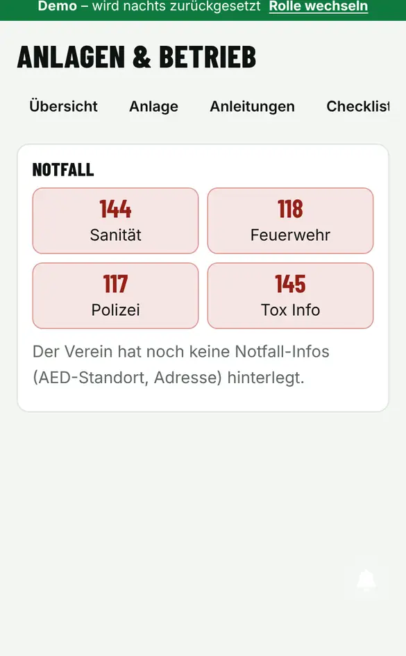 Bildschirm «Notfall-Infos» im Demo-Verein FC Muster (Handy)