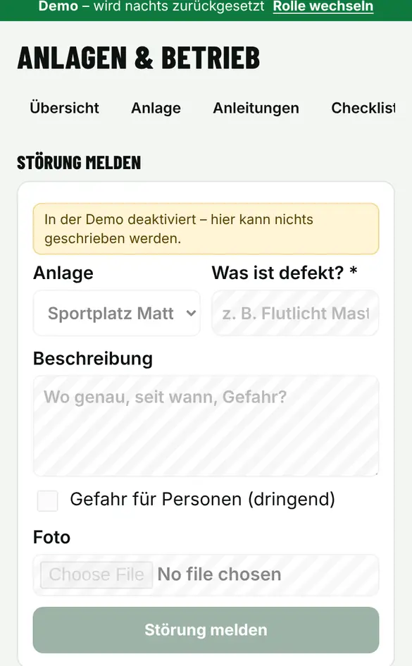 Bildschirm «Störung melden und erledigen» im Demo-Verein FC Muster (Handy)