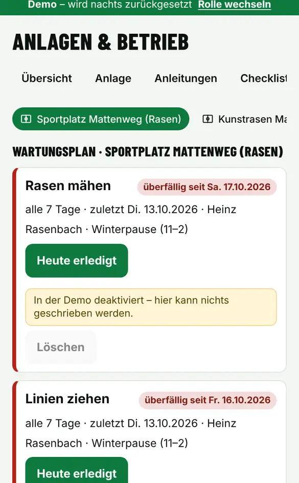 Bildschirm «Wartungsplan» im Demo-Verein FC Muster (Handy)