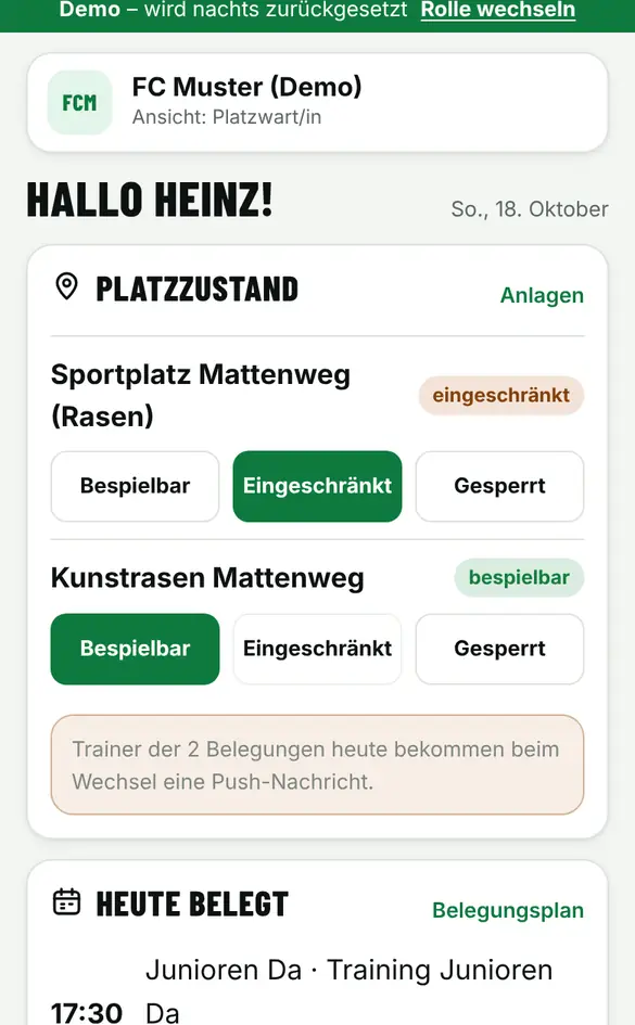 Bildschirm «Platzzustand setzen» im Demo-Verein FC Muster (Handy)