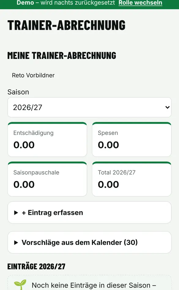 Bildschirm «Trainer-Abrechnung führen» im Demo-Verein FC Muster (Handy)