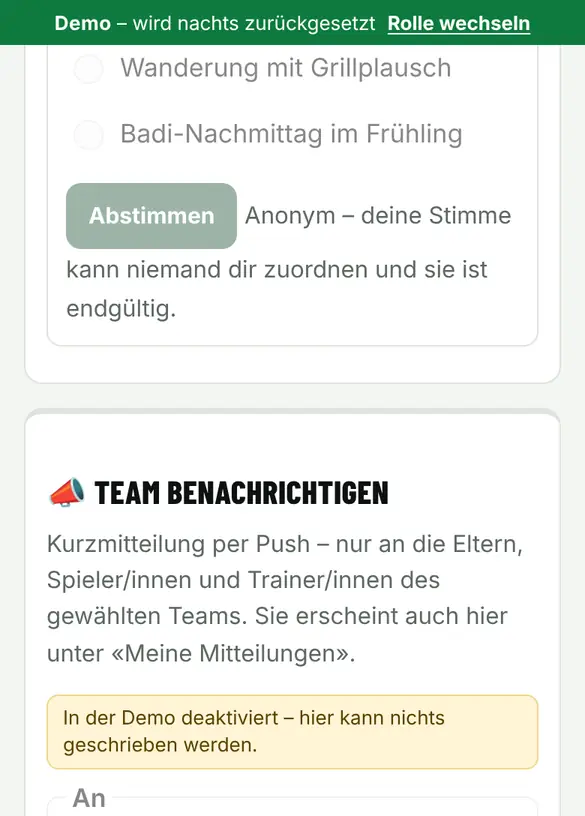 Bildschirm «Team benachrichtigen» im Demo-Verein FC Muster (Handy)