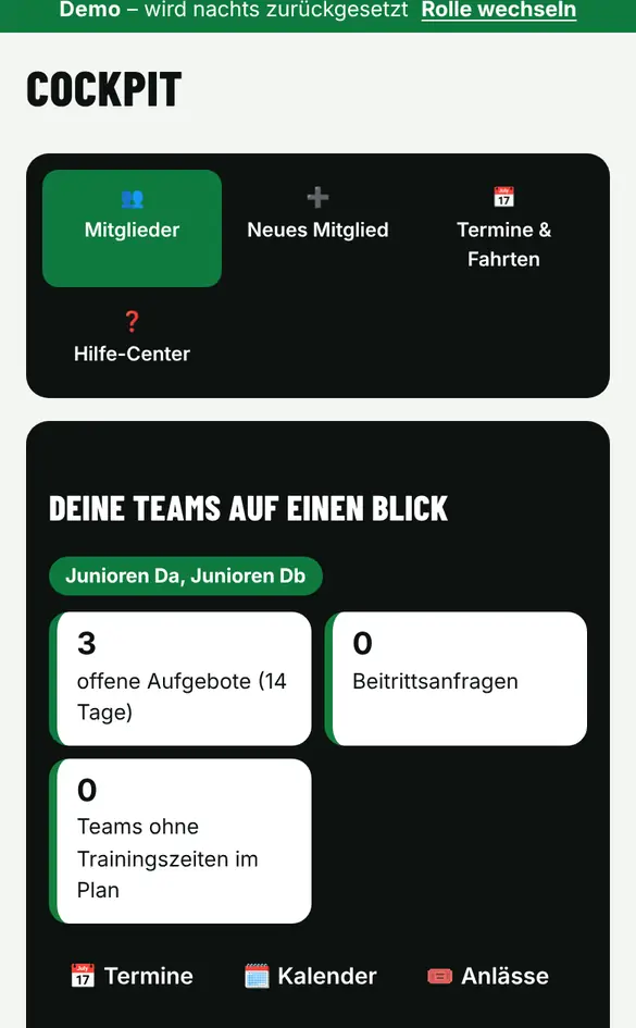 Bildschirm «Spieler/innen einladen» im Demo-Verein FC Muster (Handy)