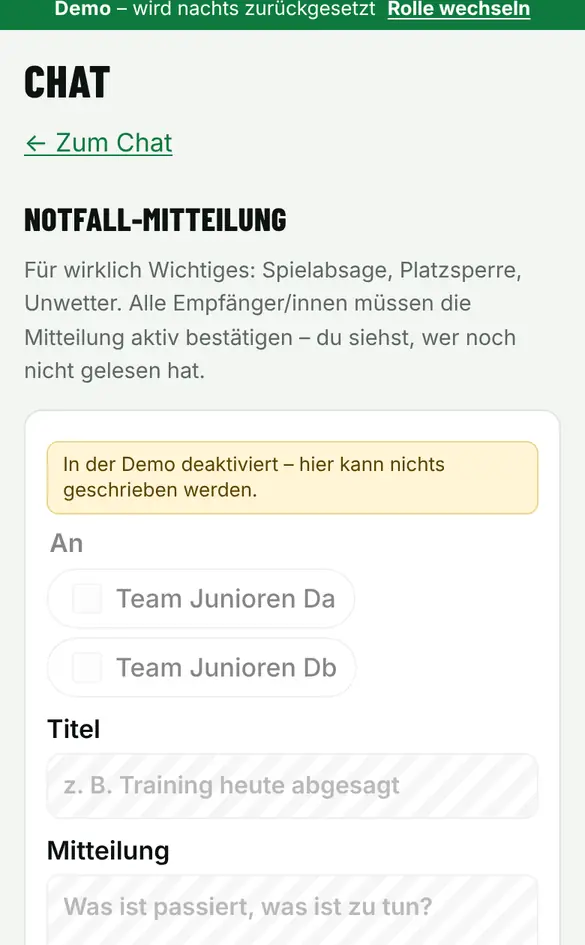 Bildschirm «Notfall-Mitteilung senden» im Demo-Verein FC Muster (Handy)