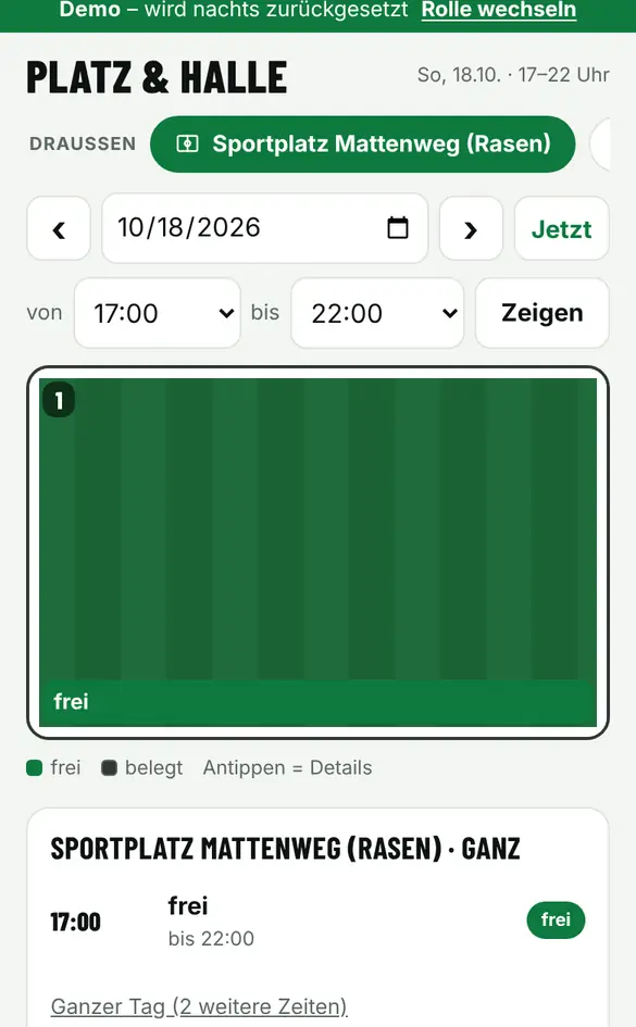 Bildschirm «Platz oder Halle reservieren» im Demo-Verein FC Muster (Handy)