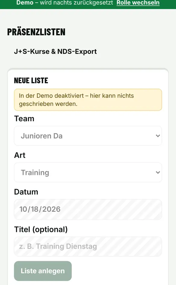 Bildschirm «Präsenz abhaken» im Demo-Verein FC Muster (Handy)
