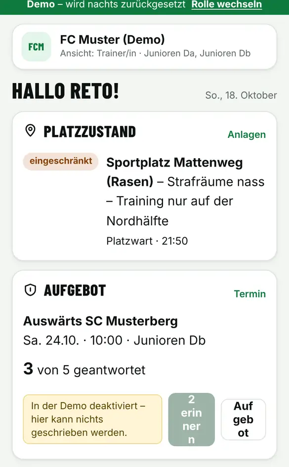 Bildschirm «Deine Startseite» im Demo-Verein FC Muster (Handy)
