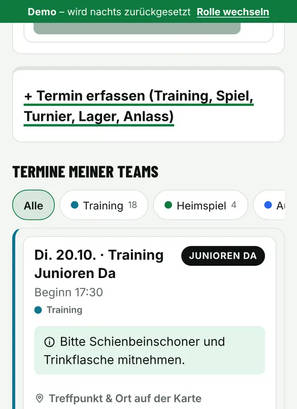 Bildschirm «Training oder Spiel erfassen» im Demo-Verein FC Muster (Handy)