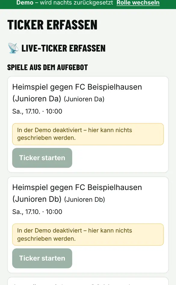 Bildschirm «Live-Ticker am Spiel» im Demo-Verein FC Muster (Handy)