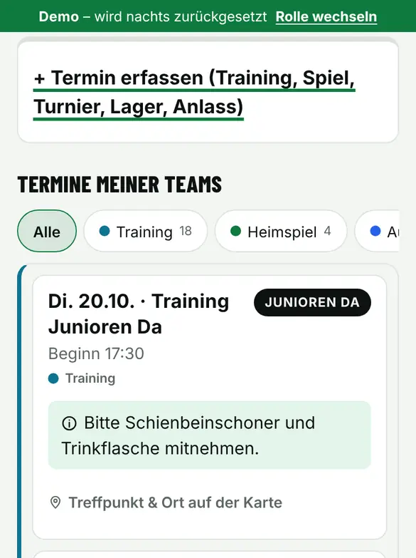 Bildschirm «Zusagen prüfen und Aufgebot machen» im Demo-Verein FC Muster (Handy)