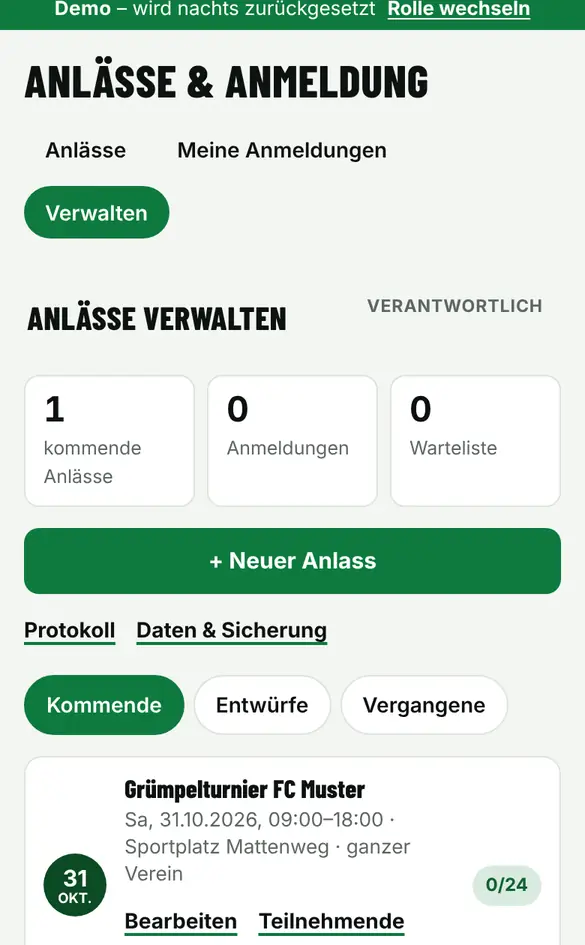 Bildschirm «Anlass mit Anmeldung» im Demo-Verein FC Muster (Handy)