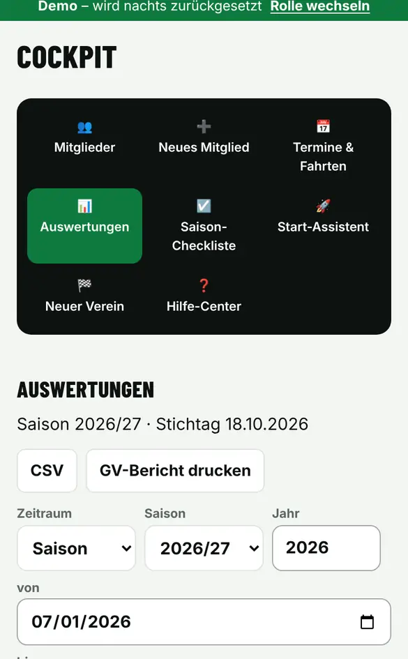 Bildschirm «Kennzahlen und GV-Bericht» im Demo-Verein FC Muster (Handy)