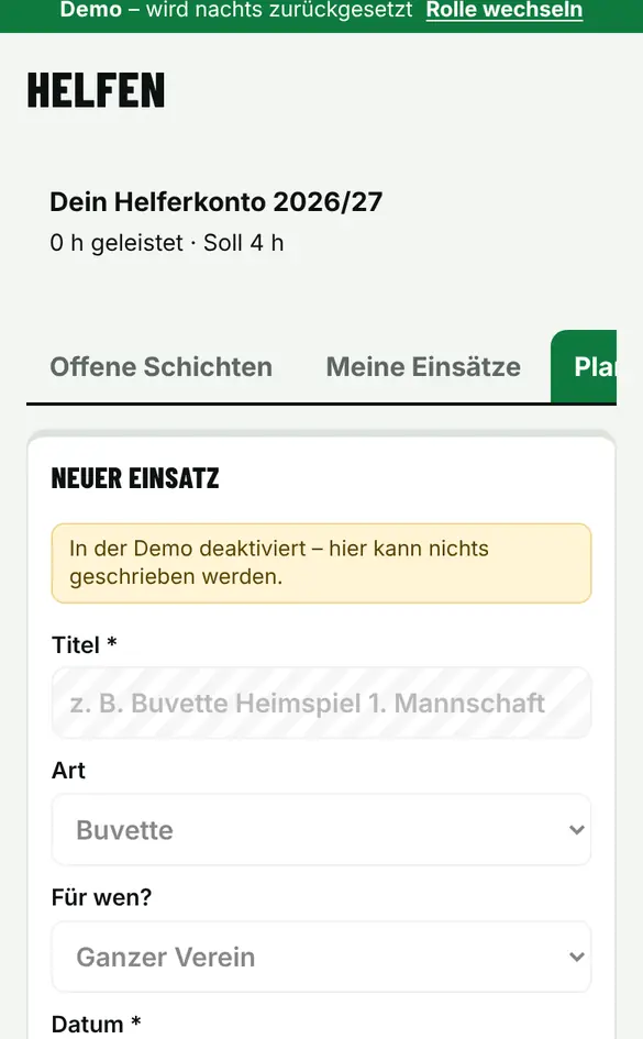 Bildschirm «Helfereinsätze planen» im Demo-Verein FC Muster (Handy)